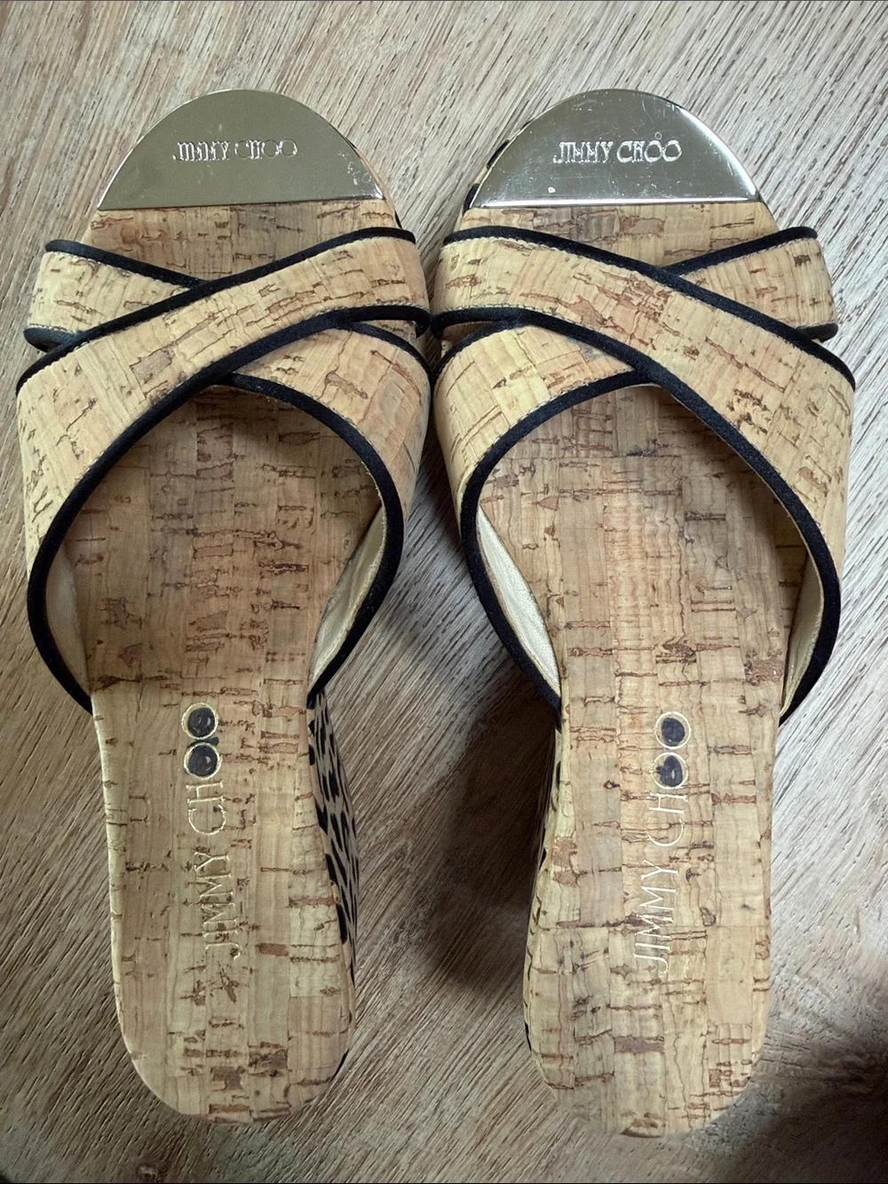 Jimmy Choo Cork Wedge Sandals with Black Trim and Gold Logo